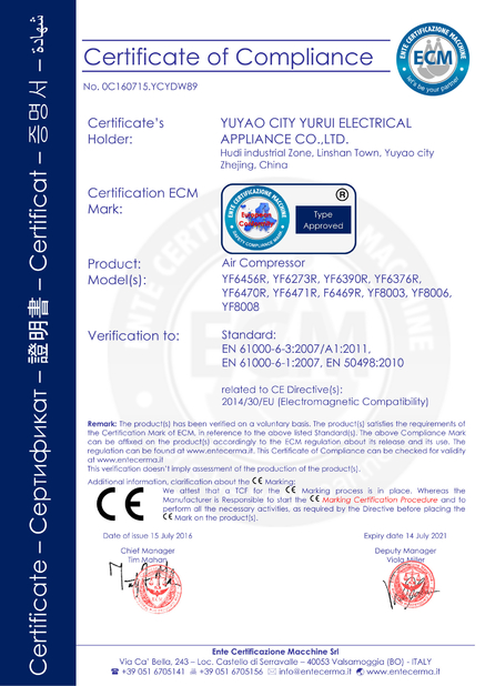 Chine Yuyao City Yurui Electrical Appliance Co., Ltd. Certifications