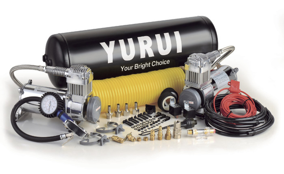 Un bon prix. Système d'air à bord double DC12v réservoirs d'air à l'épreuve de l'eau chrome noir compresseur de suspension d'air à gonflement rapide en ligne
